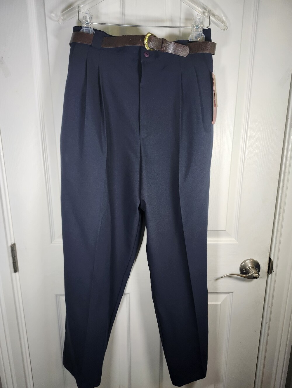VTG 90s Basics By Fundamental Petites Navy Blue Belted Pleated Trousers 14P NWT